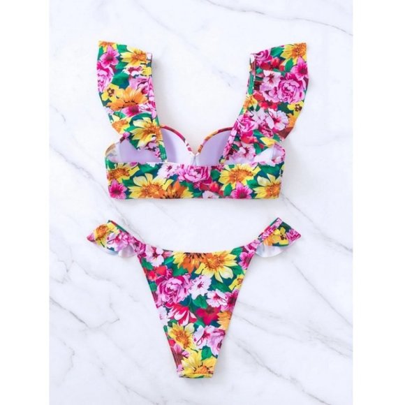 Multicolor Floral Womens Print Ruffle Trim Push Up Bikini Swimsuit - Picture 7 of 8